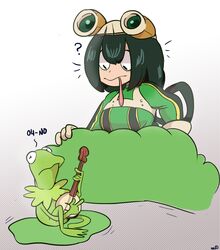  1boy 1girl ? asui_tsuyu banjo black_eyes black_hair boku_no_hero_academia bush crossover english frog highres instrument jim_henson kermit_the_frog kerwin&#039;s_art_freakshow lily_pad long_tongue muppets sitting tongue tongue_out 