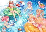  &gt;:d 5girls :d ;d aikatsu! aikatsu_stars! alternate_hairstyle ball bangs barefoot beachball blue_swimsuit blush bow brown_eyes brown_hair collarbone drill_hair drink drinking_straw fang frilled_swimsuit frills glasses green_swimsuit hair_bow holding innertube kasumi_mahiru kasumi_yozora katou_akatsuki long_hair looking_at_another lying multiple_girls nanakura_koharu nijino_yume on_stomach one-piece_swimsuit one_eye_closed open_mouth outdoors pink_hair pink_swimsuit plastic_cup purple_hair red-framed_eyewear sakuraba_rola saotome_ako semi-rimless_glasses short_hair sitting smile standing swept_bangs swimsuit twin_drills under-rim_glasses violet_eyes water 