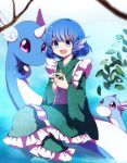  1girl :d blue_eyes blue_hair blurry cellphone commentary_request crossover depth_of_field dragonair dratini drill_hair fish_tail head_fins horn japanese_clothes kimono long_sleeves mermaid monster_girl obi open_mouth orb phone pokemon pokemon_(creature) sash short_hair smartphone smile touhou wakasagihime wide_sleeves you_(noanoamoemoe) 