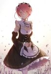  1girl ^_^ breasts cleavage closed_eyes detached_sleeves eyes_visible_through_hair hair_ornament hair_over_one_eye highres maid maid_headdress na_yeon pantyhose pink_hair ram_(re:zero) re:zero_kara_hajimeru_isekai_seikatsu short_hair signature smile solo white_legwear x_hair_ornament 