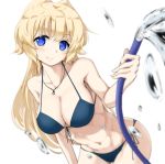  1girl abs bangs bare_arms bare_shoulders bikini blonde_hair blue_bikini blue_eyes blurry blush breasts collarbone cowboy_shot depth_of_field hair_intakes hose jewelry large_breasts leaning_forward long_hair looking_at_viewer navel necklace regalia_the_three_sacred_stars rocha_(aloha_ro_cha) simple_background smile solo swimsuit tareme water white_background yuinshiel_asteria 