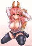  1girl animal_ears bad_id bad_pixiv_id black_legwear blush breasts casual cleavage collarbone daiwa_(daicon) fate/extra fate/extra_ccc fate_(series) fox_ears fox_tail highres large_breasts looking_at_viewer nail_polish no_bra open_clothes open_shirt pink_hair shirt sitting solo tail tamamo_(fate)_(all) tamamo_no_mae_(fate) twitter_username yellow_eyes 