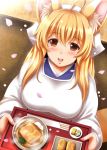  1girl :d ahoge animal_ears blonde_hair blush cherry_blossoms chopsticks food fox_ears fox_girl fox_tail from_above head_scarf highres holding holding_tray inarizushi kappougi kitsune_udon kittan_(cve27426) long_hair looking_at_viewer looking_up moe2016 open_mouth original petals sidelocks smile solo steam steaming sushi tail tray yellow_eyes 