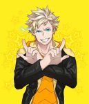  10s 1boy blonde_hair blue_eyes electricity grin hood hoodie jacket looking_at_viewer male_focus open_clothes open_jacket pokemon pokemon_go simple_background smile solo spark_(pokemon) star tan_(pepper) yellow_background 