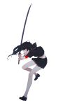  1girl black_hair daye_bie_qia_lian full_body highres holding holding_sword holding_weapon katana loafers long_hair looking_at_viewer original pleated_skirt red_eyes school_uniform serafuku shoes simple_background skirt solo sword weapon white_background 