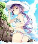 1girl adjusting_clothes adjusting_hat akebono_(kantai_collection) ass bare_shoulders bikini blush cliff clouds day dimples_of_venus flat_chest frilled_bikini frills from_behind hat highres kantai_collection long_hair looking_at_viewer looking_back mishin_(mbmnk) outdoors purple_hair scrunchie side_ponytail sky solo sun_hat swimsuit tree violet_eyes wading water wrist_scrunchie 