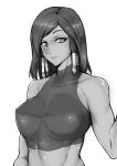  1girl bare_shoulders braid breasts breasts_apart collarbone dark_skin eye_of_horus eyebrows eyebrows_visible_through_hair eyelashes facial_mark facial_tattoo gggg greyscale hair_tubes highres impossible_clothes large_breasts lips looking_at_viewer monochrome overwatch parted_lips pharah_(overwatch) shirt short_hair side_braids skin_tight sleeveless solo tattoo taut_clothes taut_shirt turtleneck upper_body 