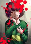  androgynous blood blood_splatter brown_hair chara_(undertale) evil_smile hand_on_own_chest hand_on_own_face head_tilt highres hno3syo red_eyes shirt smile solo spoilers striped striped_shirt teeth undertale upper_body 