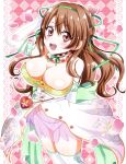 1girl :d argyle argyle_background bare_shoulders breasts brown_eyes brown_hair buttons cleavage cowboy_shot detached_collar dress elbow_gloves erect_nipples flower_knight_girl gloves green_ribbon hair_ribbon highres jacket large_breasts long_hair looking_at_viewer masako_(sabotage-mode) nazuna_(flower_knight_girl) open_mouth panties pink_background pink_skirt ribbon see-through skirt smile solo strapless strapless_dress thigh-highs underwear white_gloves white_legwear 