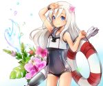  1girl blonde_hair blue_eyes crop_top flower hair_flower hair_ornament hibiscus hilo_(joy_hero) kantai_collection lifebuoy one-piece_tan ro-500_(kantai_collection) sailor_collar school_swimsuit smile standing swimsuit swimsuit_under_clothes tan tanline torpedo water 