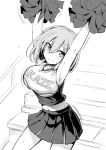  1girl alternate_costume armpits arms_up blush bouncing_breasts breasts cheerleader commentary_request crop_top greyscale hair_between_eyes hair_ornament hairclip hamakaze_(kantai_collection) highres ishima_yuu kantai_collection large_breasts looking_at_viewer miniskirt monochrome navel pom_poms short_hair skirt solo stairs 