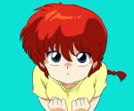  1girl blue_eyes braid cyocomi3 from_above genderswap looking_at_viewer looking_up official_style ranma-chan ranma_1/2 redhead saotome_ranma simple_background single_braid solo 