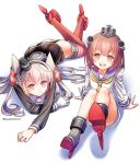  2girls :d amatsukaze_(kantai_collection) arm_support black_panties blush boots brown_eyes brown_hair closed_mouth dress grey_hair hat headgear kantai_collection long_hair long_sleeves looking_at_viewer lying multiple_girls neckerchief on_stomach open_mouth panties plastic_moon red_eyes sailor_collar sailor_dress see-through sitting smile thigh-highs thigh_boots twitter_username two_side_up underwear white_background white_dress yukikaze_(kantai_collection) 