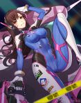  1girl bodysuit brown_eyes brown_hair caution_tape d.va_(overwatch) erect_nipples facepaint facial_mark gloves gun headphones holding impossible_clothes knee_up long_hair looking_at_viewer lying meka_(overwatch) on_back overwatch pilot_suit ririko_(zhuoyandesailaer) skin_tight solo weapon whisker_markings white_gloves 