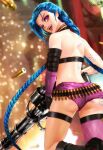  1girl ammunition arm_tattoo ass ass_tattoo back back_tattoo bandolier boots braid bullet elbow_gloves english_commentary esther floating_hair from_behind gatling_gun gloves gun holding holding_gun holding_weapon jinx_(league_of_legends) knee_boots league_of_legends lipstick long_hair looking_at_viewer looking_back makeup open_mouth pink_eyes pink_legwear pink_shorts shiny shiny_hair short_shorts shorts signature single_elbow_glove single_thighhigh smile solo tattoo teeth thigh-highs thigh_strap twin_braids twintails upper_teeth very_long_hair weapon 