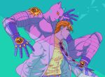  1boy aqua_eyes formal highres jojo_no_kimyou_na_bouken killer_queen kira_yoshikage male_focus necktie orange_hair profile purple_skin shirt stand_(jojo) striped striped_shirt suit tariah_furlow upper_body 