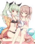  2girls anchovy ball beachball bikini black_bikini black_ribbon blush breasts brown_hair clenched_teeth drill_hair frilled_bikini frills girls_und_panzer green_hair hair_ribbon hairband long_hair multiple_girls pink_bikini red_eyes ribbon shimada_arisu short_hair shuuichi_(gothics) side_ponytail simple_background stuffed_animal stuffed_toy swimsuit teddy_bear teeth twin_drills twintails v white_background 