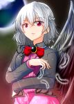  1girl alternate_color braid dark_persona dress highres jacket kishin_sagume long_sleeves open_clothes open_jacket oshiaki purple_dress red_eyes short_hair silver_hair single_wing solo space touhou wings 