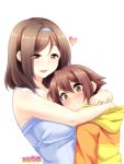  1boy 1girl age_difference amagamido blush brown_eyes brown_hair hairband heart highres hood hoodie hug jewelry mature mother_and_son original ring shota smile straight_shota 