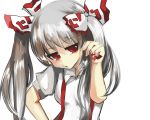  1girl alternate_hairstyle bow breasts chidori_nekoro collared_shirt fujiwara_no_mokou hair_bow hand_on_hip jitome looking_to_the_side parted_lips red_eyes shiny shiny_hair shirt short_sleeves simple_background small_breasts solo suspenders touhou twintails white_background white_shirt 