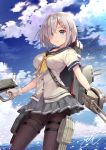  1girl between_breasts black_legwear blue_eyes blue_sky blush breasts clouds cloudy_sky day fukahire_sanba grey_skin hair_ornament hair_over_one_eye hairclip hamakaze_(kantai_collection) kantai_collection looking_at_viewer medium_breasts neckerchief pantyhose pleated_skirt sailor_collar short_hair signature silver_hair skirt sky solo water 