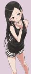  1girl absurdres arm_behind_back bare_shoulders black_eyes black_hair cowboy_shot hair_ornament hairclip hand_on_own_face highres long_hair looking_at_viewer pink_background shorts simple_background sleeveless solo striped striped_shorts yamamoto_souichirou 