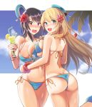  2girls absurdres alternate_costume ass atago_(kantai_collection) bare_arms bare_shoulders bikini black_hair blonde_hair blue_bikini blush breast_press breasts cowboy_shot flower from_behind green_hair hair_flower hair_ornament hands_on_hips hibiscus highres kantai_collection kitazawa_(embers) large_breasts long_hair looking_at_viewer looking_down midriff multiple_girls open_mouth palm_tree red_eyes red_rose rose shiny shiny_skin short_hair skindentation standing standing_on_one_leg swimsuit symmetrical_docking takao_(kantai_collection) thigh_gap thighs tree wavy_mouth 