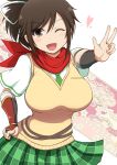  1girl asuka_(senran_kagura) blush breasts brown_eyes brown_hair green_necktie hair_ribbon heart highres large_breasts long_hair necktie one_eye_closed open_mouth ponpo ponytail ribbon scarf senran_kagura senran_kagura_(series) skirt smile solo 