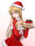  1girl 2015 blonde_hair breasts cake cleavage collarbone dress finger_in_mouth food gloves green_eyes hat holding long_hair miura_yumiko red_dress red_gloves red_hat santa_costume santa_gloves santa_hat solo ta_(ppsh-1941) yahari_ore_no_seishun_lovecome_wa_machigatteiru. 