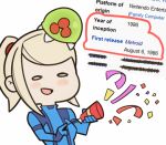  1girl alien animal animal_on_head animated animated_gif anniversary birthday english metroid metroid_(creature) party_popper samus_aran smile splashbrush wikipedia zero_suit 