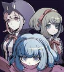  3girls black_background blue_eyes blue_hair dangan_ronpa dangan_ronpa_3 gekkougahara_miaya green_eyes green_hair hair_ribbon hairband hood hoodie jitome lolita_fashion monaka_(dangan_ronpa) multiple_girls nanami_chiaki purple_hair ribbon saita794 scarf scarf_over_mouth sidelocks simple_background super_dangan_ronpa_2 trait_connection upper_body violet_eyes zettai_zetsubou_shoujo 