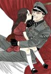  1boy 1girl age_difference bed brown_hair butaneko_(butaneko_hanten) dress gloves kiss kneehighs nazi officer sitting sitting_on_lap sitting_on_person uniform wwii 