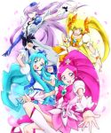  4girls arm_up bangs black_bow blonde_hair blue_bow blue_eyes blue_hair blue_skirt bow choker clenched_hand clenched_hands collarbone cure_blossom cure_marine cure_moonlight cure_sunshine dress earrings flower flower_earrings gacchahero hair_flower hair_ornament hair_ribbon heart heartcatch_precure! jewelry long_hair looking_at_viewer looking_down magical_girl midriff multiple_girls navel open_mouth orange_bow outstretched_arms parted_bangs petals pink_bow pink_eyes pink_hair ponytail precure puffy_short_sleeves puffy_sleeves purple_hair ribbon rose short_sleeves sidelocks simple_background single_elbow_glove skirt smile thigh-highs twintails very_long_hair violet_eyes wavy_hair white_background white_dress white_legwear wrist_cuffs yellow_eyes 