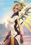 1girl blonde_hair blue_eyes blue_sky bodysuit breasts cityscape clouds cowboy_shot emblem from_side gloves high_ponytail highres holding holding_staff large_breasts lips long_hair looking_at_viewer looking_to_the_side mechanical_halo mechanical_wings mercy_(overwatch) nose oana_birtea outdoors overwatch parted_lips ponytail sky solo staff standing wings 