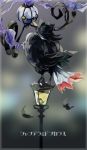  blurry chandelure depth_of_field eye_contact feathers fedora hat highres honchkrow lamppost looking_at_another manoko no_humans pokemon pokemon_(creature) translation_request 