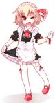  1girl apron black_skirt blonde_hair blush eyebrows eyebrows_visible_through_hair frilled_skirt frills full_body gloves hair_ribbon highres looking_at_viewer maid_headdress miniskirt one_eye_closed open_mouth over-kneehighs pulled_by_self red_eyes red_ribbon red_shoes ribbon rumia shamo_(koumakantv) shoes simple_background skirt skirt_pull smile solo standing standing_on_one_leg thigh-highs touhou white_background white_gloves white_legwear zettai_ryouiki 