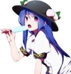  1girl black_hat blouse blue_hair dripping food frills fruit hat hinanawi_tenshi long_hair looking_at_viewer looking_to_the_side open_mouth peach popsicle puffy_short_sleeves puffy_sleeves red_eyes shirt short_sleeves simple_background solo tongue touhou upper_body white_background white_shirt you_(noanoamoemoe) 