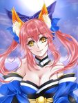  1girl animal_ears bow breasts cleavage collarbone darksidekula dated detached_sleeves fate/extra fate/grand_order fate_(series) fox_ears fox_tail full_moon hair_bow hair_ribbon highres japanese_clothes large_breasts moon pink_hair ribbon signature solo tail tamamo_(fate)_(all) tamamo_no_mae_(fate) yellow_eyes 