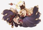  1girl ;d arm_up armpits bent_knees black_boots blonde_hair blush book boots brooch brown_legwear cagliostro_(granblue_fantasy) cape frilled_skirt frills full_body granblue_fantasy highres holding holding_book jewelry long_hair looking_at_viewer one_eye_closed open_book open_mouth over-kneehighs pak_ce red_eyes red_skirt shirt simple_background skirt sleeveless sleeveless_shirt smile solo thigh-highs vial white_background 