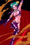  00s 1girl arm_up boots cape carrera demon_girl elbow_gloves gloves horns leg_lift navel official_art one_eye_closed pointy_ears red_eyes skull solo succubus thigh-highs thigh_boots viper viper_gts 