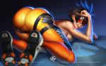  all_fours ass breasts brown_hair cleavage from_behind goggles looking_at_viewer overwatch sideboob smile spiky_hair t.j._geisen tracer_(overwatch) 