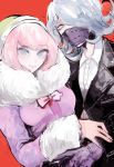  2girls andou_ruruka coat dangan_ronpa dangan_ronpa_3 flipped_hair fur_collar fur_trim gloves grey_eyes hat jacket joonoyuki kimura_seiko leather leather_jacket looking_at_viewer multiple_girls pink_hair purple_gloves red_background short_hair silver_hair simple_background smile surgical_mask upper_body violet_eyes 