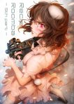  1girl animal_ears ass blush brown_hair bullpup bunny_tail copyright_name cover cover_page dress finger_on_trigger from_above gun imizu_(nitro_unknown) inaba_tewi jewelry looking_at_viewer looking_back necklace p90 pink_dress puffy_sleeves rabbit_ears red_eyes short_hair short_sleeves solo submachine_gun suppressor sweat tail tears text thigh-highs touhou weapon white_legwear 