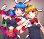  2girls :3 alcohol animal_ears bare_arms bare_shoulders beer blue_hair blush bottle bow bowtie bunny_tail bunnysuit detached_collar gloves gradient gradient_background highleg kanou_(natsuno0223) locked_arms long_hair low_twintails multiple_girls open_mouth orange_hair pantyhose rabbit_ears red_eyes ringo_(touhou) seiran_(touhou) short_hair smile tail touhou tray twintails upper_body white_gloves 