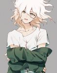  1boy dangan_ronpa dr_tyobi grey_eyes hood hoodie jacket komaeda_nagito long_hair male_focus off_shoulder open_mouth smile solo super_dangan_ronpa_2 white_hair 