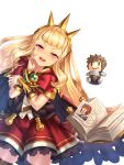  1boy 1girl bangs black_legwear blonde_hair blush book bracelet bracer brown_hair cagliostro_(granblue_fantasy) cape character_doll chibi crown finger_gun gran_(granblue_fantasy) granblue_fantasy highres jewelry long_hair looking_at_viewer open_book photo_(object) sidelocks simple_background sweatdrop thigh-highs violet_eyes white_background yapo_(croquis_side) 