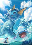  ;3 ;d blue_eyes blue_sky bottle clouds cloudy_sky highres lapras mudkip no_humans one_eye_closed open_mouth partially_submerged pokemon pokemon_(creature) sky smile splashing tail toitoi508 tongue vaporeon water wooper 