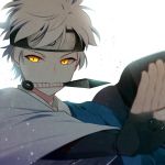  1boy boruto:_naruto_the_movie forehead_protector kunai mitsuki_(naruto) mouth_hold naruto nipye short_hair silver_hair solo weapon yellow_eyes 