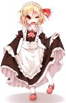  1girl alternate_costume apron black_skirt blonde_hair blush curtsey enmaided eyebrows eyebrows_visible_through_hair full_body hair_ribbon highres juliet_sleeves lifted_by_self long_skirt long_sleeves looking_at_viewer maid maid_headdress mary_janes one_eye_closed open_mouth puffy_sleeves red_eyes red_ribbon red_shoes ribbon rumia shamo_(koumakantv) shoes simple_background skirt skirt_lift smile solo standing standing_on_one_leg touhou white_background white_legwear wide_sleeves 