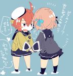  2girls ahoge bangs bike_shorts blue_background blush blush_stickers brown_hair caltina_(pepekekeko) chibi hair_between_eyes hair_ribbon hand_holding hat highres multiple_girls open_mouth orange_eyes orange_hair original pekeko_(pepekekeko) phantasy_star phantasy_star_online_2 pleated_skirt ribbon sailor_hat school_uniform serafuku shima_(pepekekeko) shorts shorts_under_skirt simple_background sketch skirt sweatdrop text translated two_side_up younger 